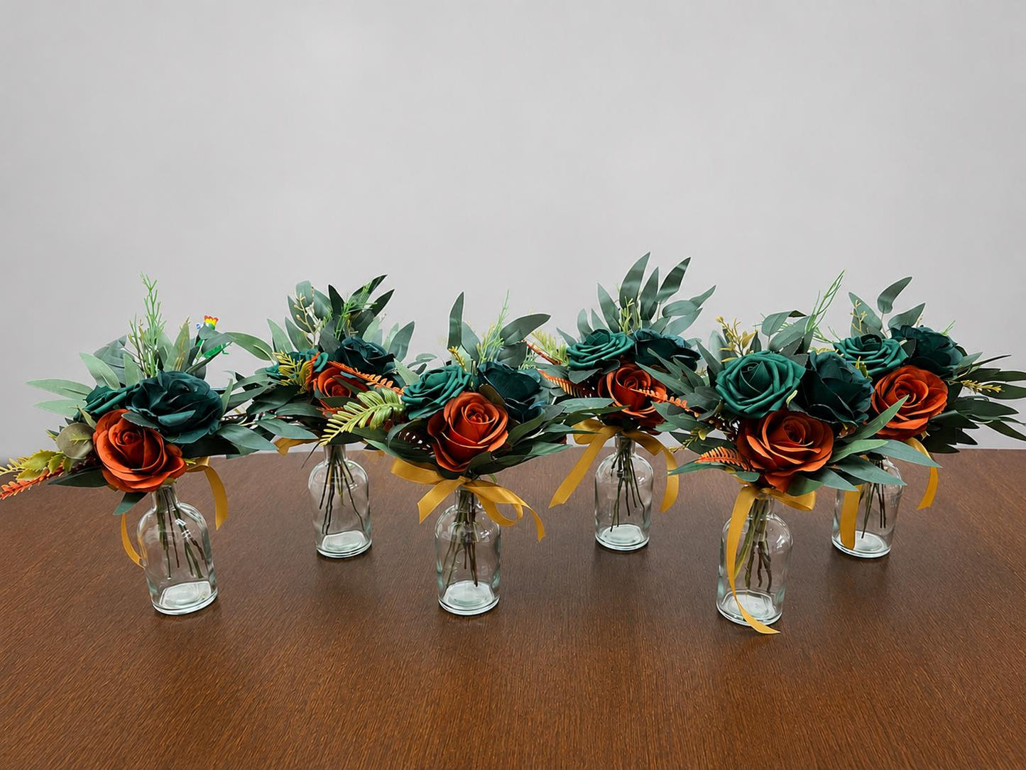 Burnt Orange Emerald Green Centerpiece, Wedding Mini Bouquets for Bud Vase, Terracotta Peacock Blue Teal, Small Fall Table Decor Centerpiece