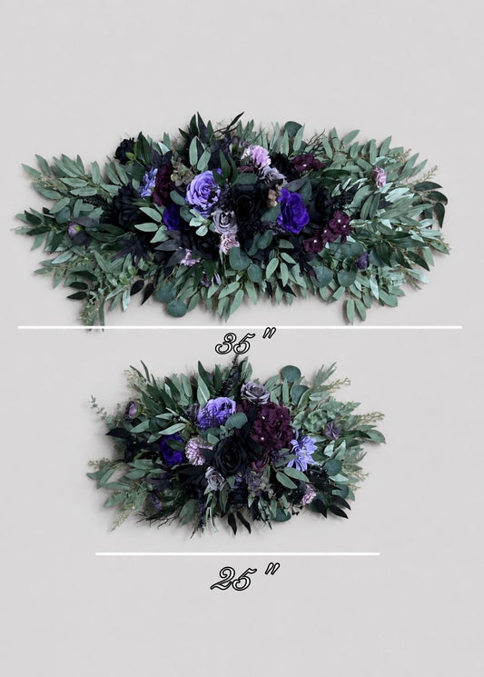 Black Purple Arch Arrangements, Wedding Plum Violet Arbor Arrangement, Sage Green Eucalyptus Floral Swag, Deep Purple Black Background