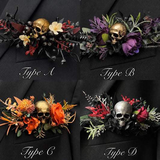 Purple Skull Pocket Boutonniere, Gothic Floral Wedding Square Boutonniere, Groomsmen Lapel Flower, Black Plum Alternative Halloween Flower