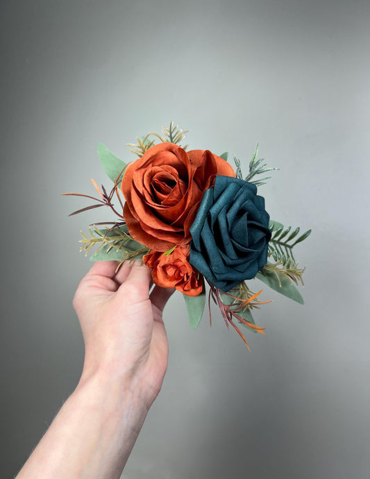 Teal Orange Cake Flowers, Terracotta Dark Teal Wedding Cake Decor, Teal Blue Burnt Orange Roses Cake Topper, Rustic Cake Flowers Artificial