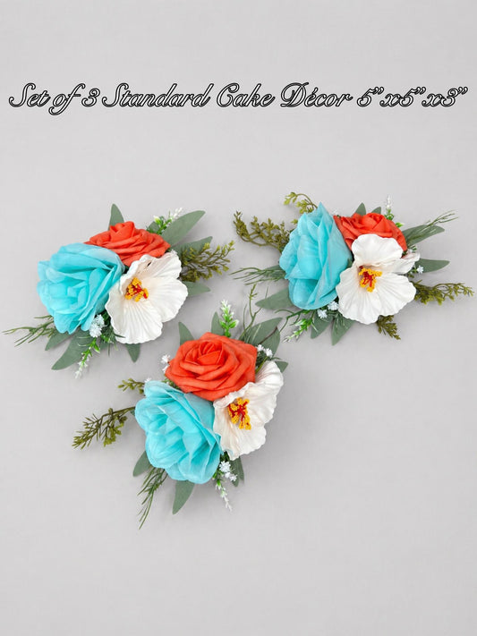 Turquoise Coral Cake Flowers, White Hibiscus Wedding Cake Decor, Aqua Blue Roses Cake Topper, Tropical Hawaii Cake Flowers Artificial Reddit