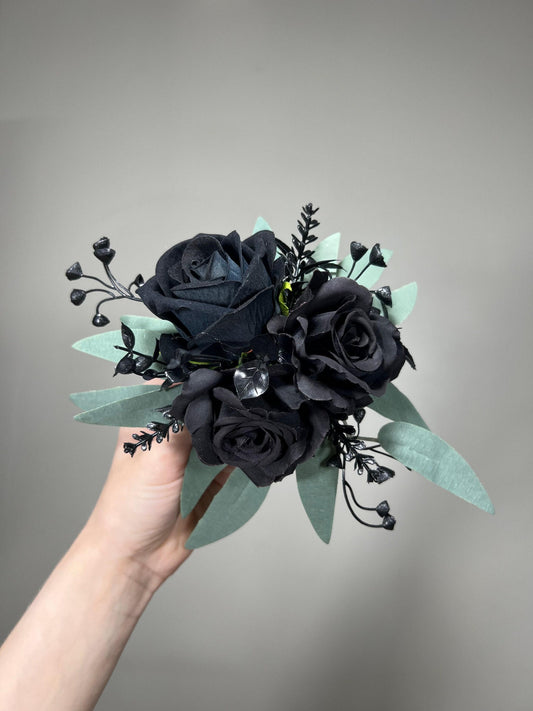 Black Cake Flower Decor, Wedding Black Roses Sage Greenery Cake Topper, Cake Arrangements Artificial Flowers Black, Cake Faux Roses Decor