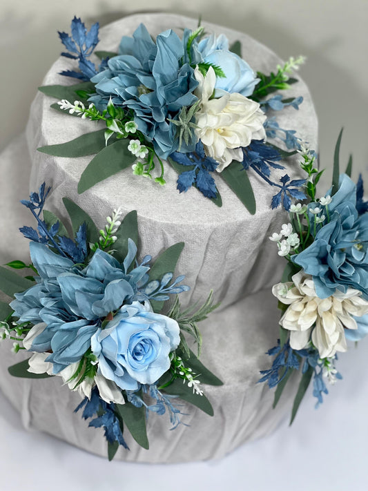 Dusty Blue Cake Decor Wedding White Dusty Blue Cake Topper Flower Dahlia Cake Arrangement Flower White Sky Blue Artificial Flower Cake Decor