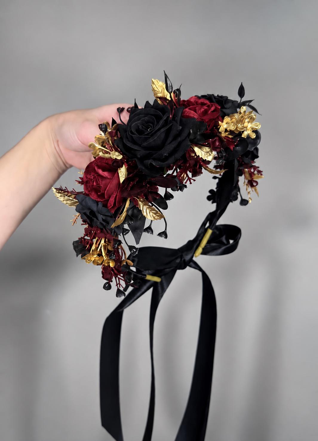 Burgundy Gold Flower Crown, Black Bridal Headpiece, Dark Romantic Wedding Hair Wreath, Fall Floral Crown, Gothic Bride Black Dark Red Crown