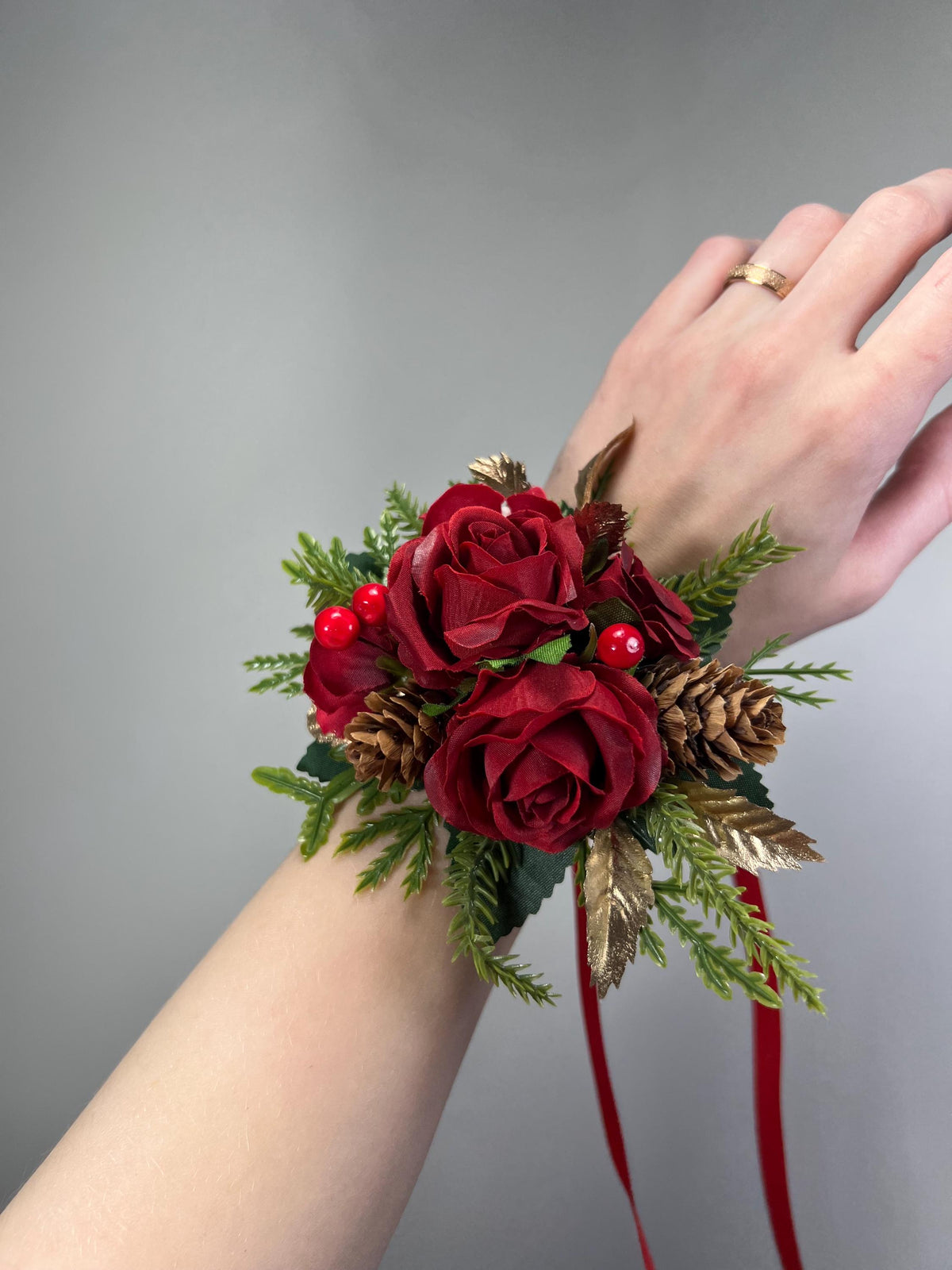 Christmas Red Wrist Corsage, Dark Red Rose Gold Holiday Corsage, Winter Wedding Flowers, Pinecone Evergreen Wrist Flower Artificial