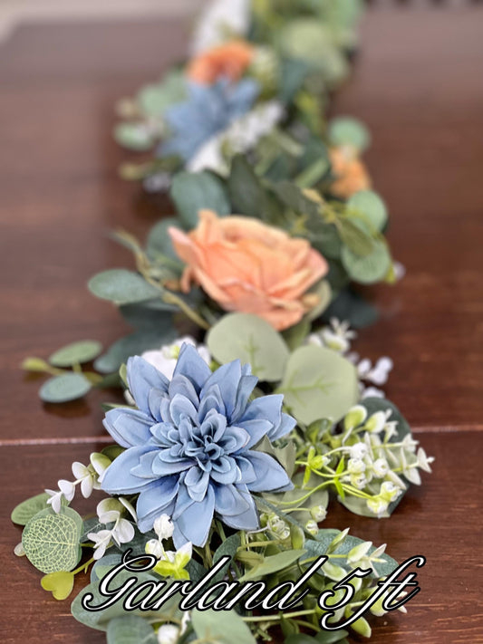 Blue Orange Garland Wedding Table Runner Dusty Blue Burnt Orange Aisle Arrangement Arch Eucalyptus Dusty Blue White Terracotta Table Runner