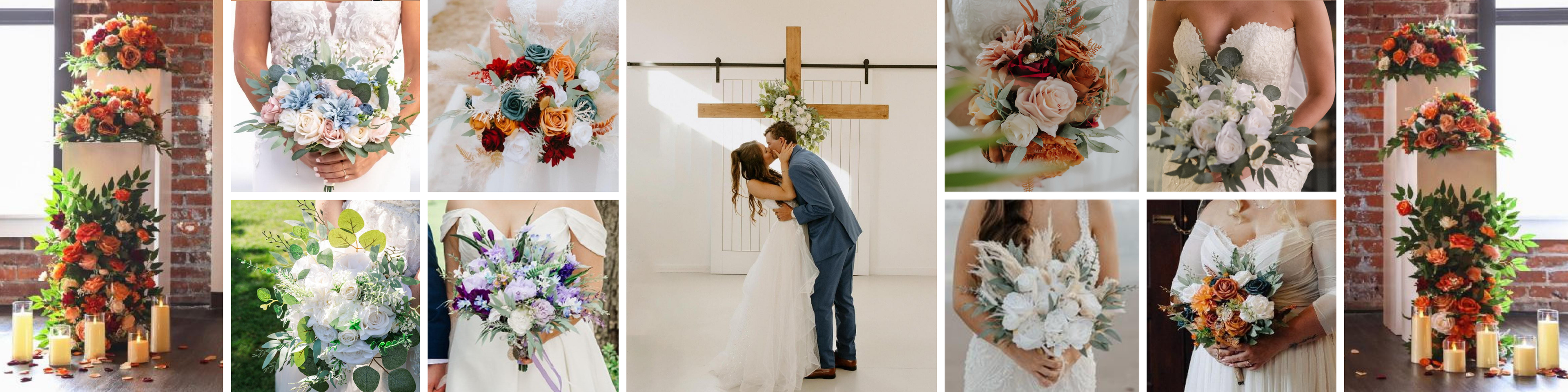 Collage of wedding bouquets and a couple holding a cross.