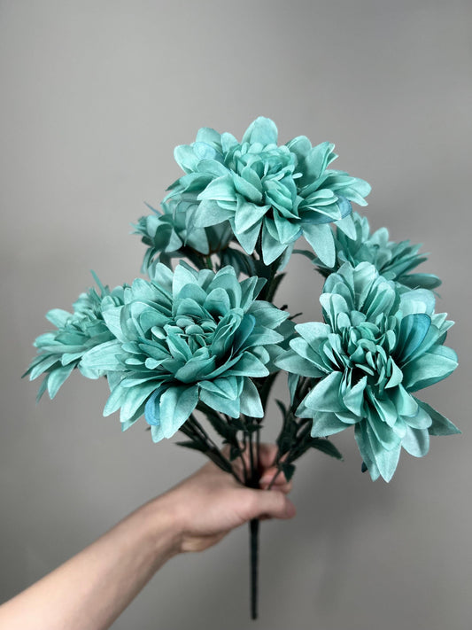 Teal Artificial Flowers Wedding Turquoise Flowers Dahlia Teal Blue Flowers Heads with Stems Wedding Supplies Craft Teal Flowers Silk