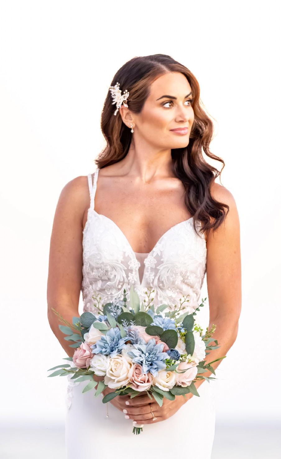 Dusty Blue Pink Bouquet Wedding Bridal Blue Pink Bouquet Dusty Blue Blush Pink Bouquet Bridesmaids Dusty Rose White Blue Bouquet Artificial