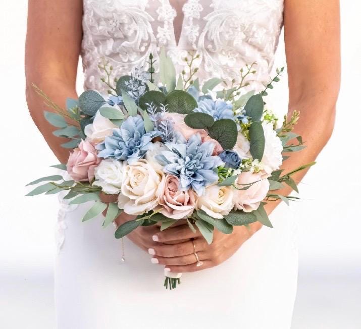 Dusty Blue Pink Bouquet Wedding Bridal Blue Pink Bouquet Dusty Blue Blush Pink Bouquet Bridesmaids Dusty Rose White Blue Bouquet Artificial