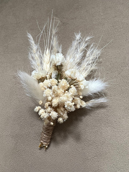 Wedding Boutonnière Boho White Wedding Ivory Groom Boutonniere Groomsmen Decor Bridal Hydrangea Dried Eucalyptus Baby Breath Pampas Grass
