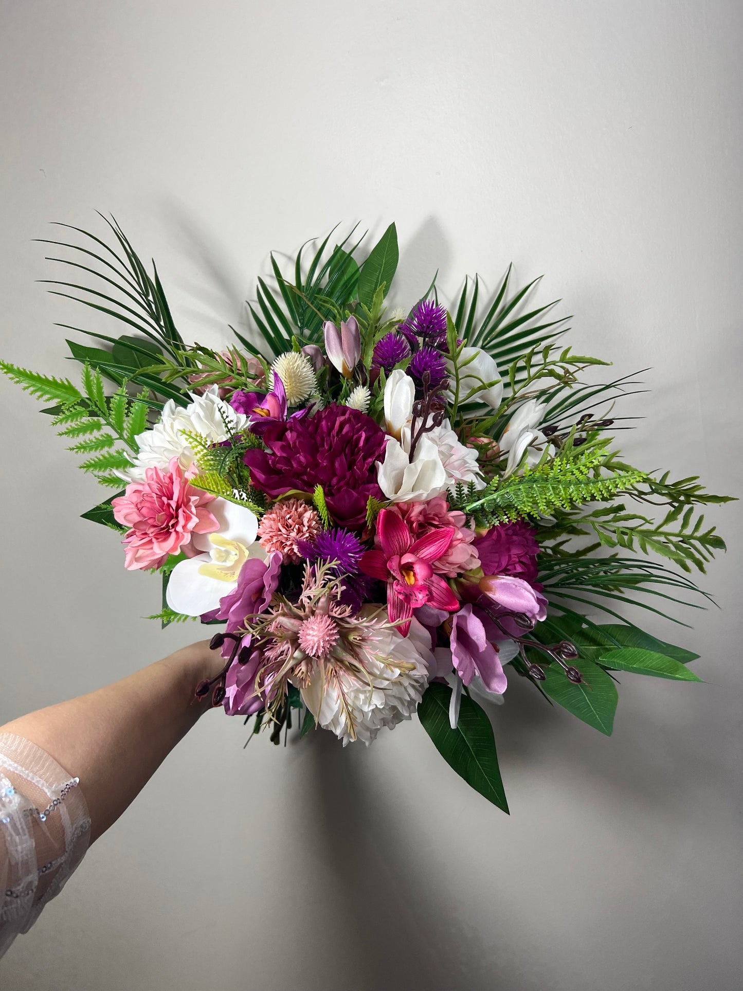 Tropical Bouquet Wedding Fuchsia Orchid Bridesmaids Bouquet Hot Pink Purple Cascade  Bouquet Beach White Viva Magenta Artificial Flowrr