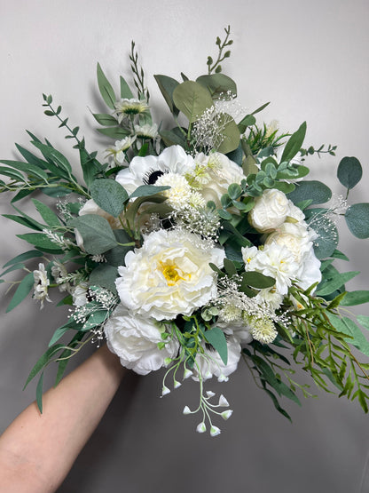 Wedding Bouquet White Bridal Anemone Wedding Bouquet Anemone Ivory Bridesmaids Decor Eucalyptus Anemone Handmade Flower White Artificial