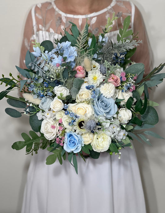 Wedding Bouquet Dusty Blue Bridal Rustic Wedding White Bouquet Wild Flower Dusty Rose Light Blue Sky Eucalyptus Flower Ivory Artificial