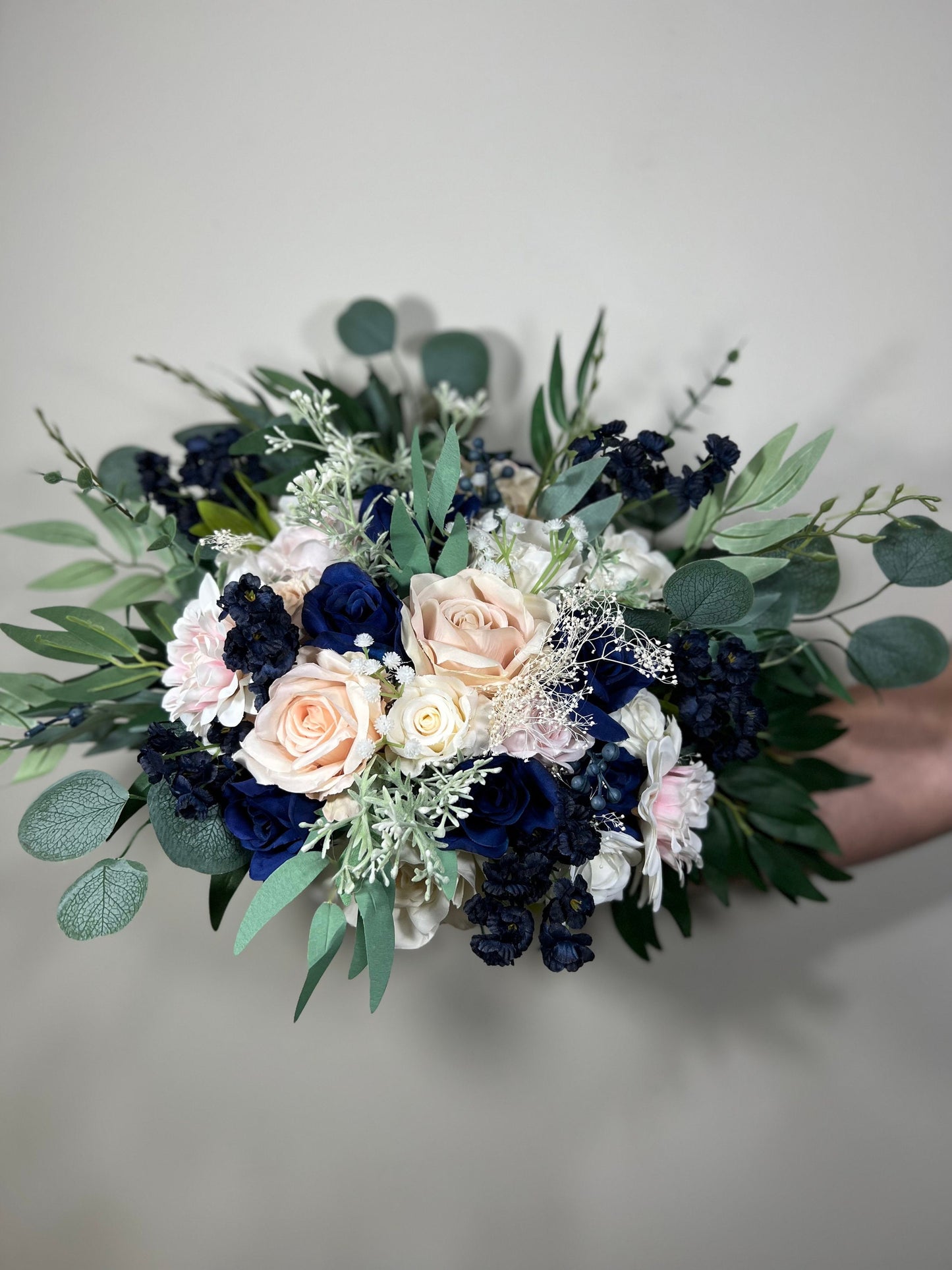Wedding Bouquet Dusty Rose Navy Blue Bridal Wedding Rustic Bridesmaids Blush Pink Handmade Eucalyptus Artificial Flower Greenery Baby Breath