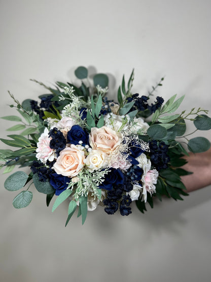 Wedding Bouquet Dusty Rose Navy Blue Bridal Wedding Rustic Bridesmaids Blush Pink Handmade Eucalyptus Artificial Flower Greenery Baby Breath