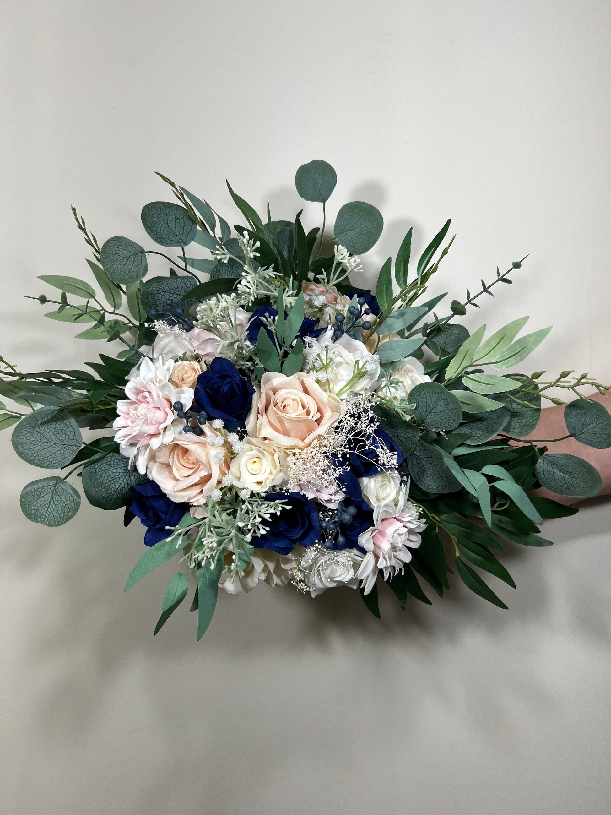 Wedding Bouquet Dusty Rose Navy Blue Bridal Wedding Rustic Bridesmaids Blush Pink Handmade Eucalyptus Artificial Flower Greenery Baby Breath