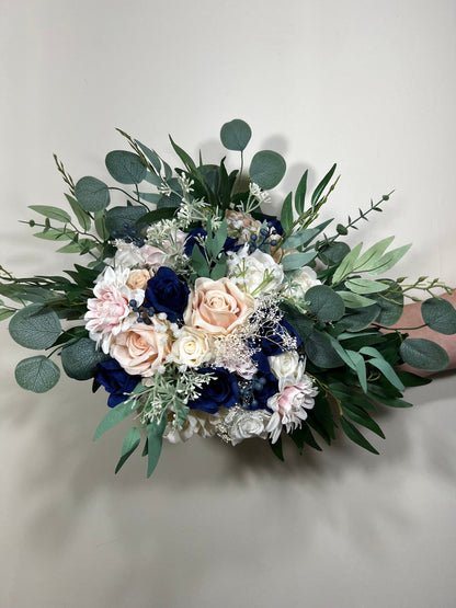 Wedding Bouquet Dusty Rose Navy Blue Bridal Wedding Rustic Bridesmaids Blush Pink Handmade Eucalyptus Artificial Flower Greenery Baby Breath