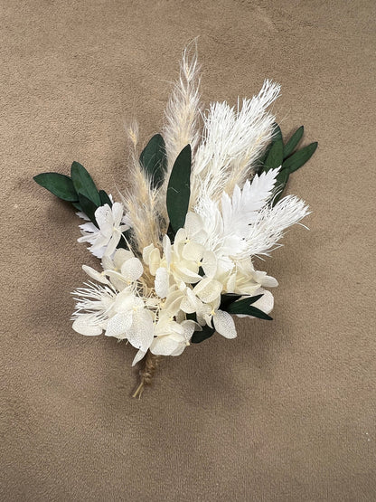 Wedding Boutonnière Boho White Wedding Ivory Groom Boutonniere Groomsmen Decor Bridal Hydrangea Dried Eucalyptus Baby Breath Pampas Grass