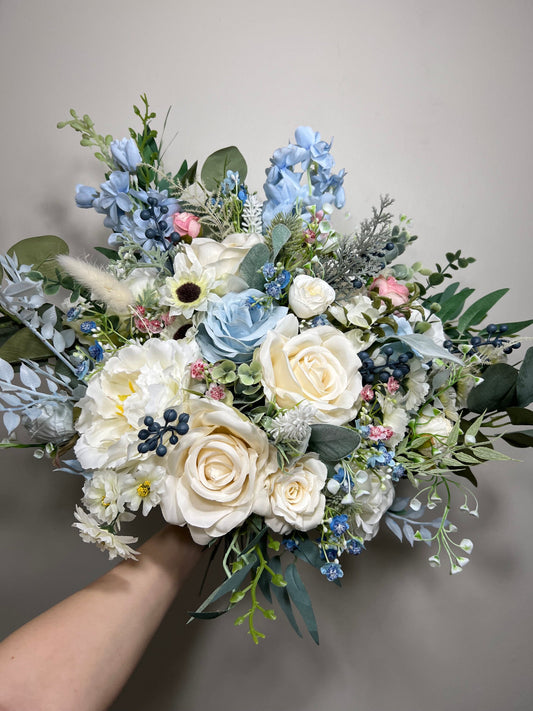 Wedding Bouquet Dusty Blue Bridal Rustic Wedding White Bouquet Wild Flower Dusty Rose Light Blue Sky Eucalyptus Flower Ivory Artificial