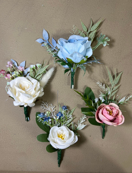 Wedding Boutonnière White Groom Wedding Pink Light Blue Boutonniere Groomsmen Ivory Decor Artificial Dried Flowers Eucalyptus White Rose