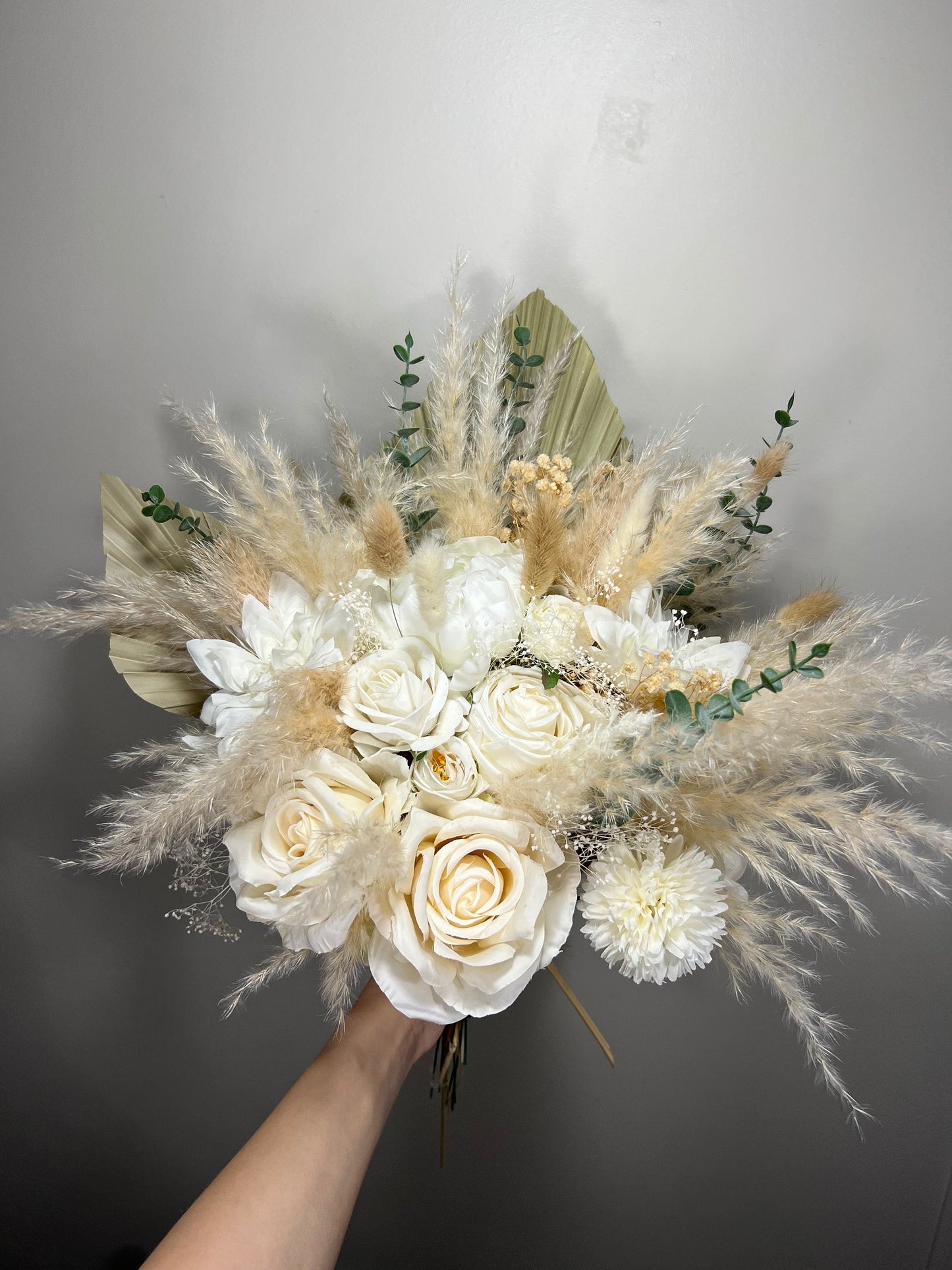 Wedding Bouquet Boho Bridal White Eucalyptus Bouquet Pampas Grass Bridesmaids Decor Palms Leaves Handmade Ivory Artificial Faux Flower
