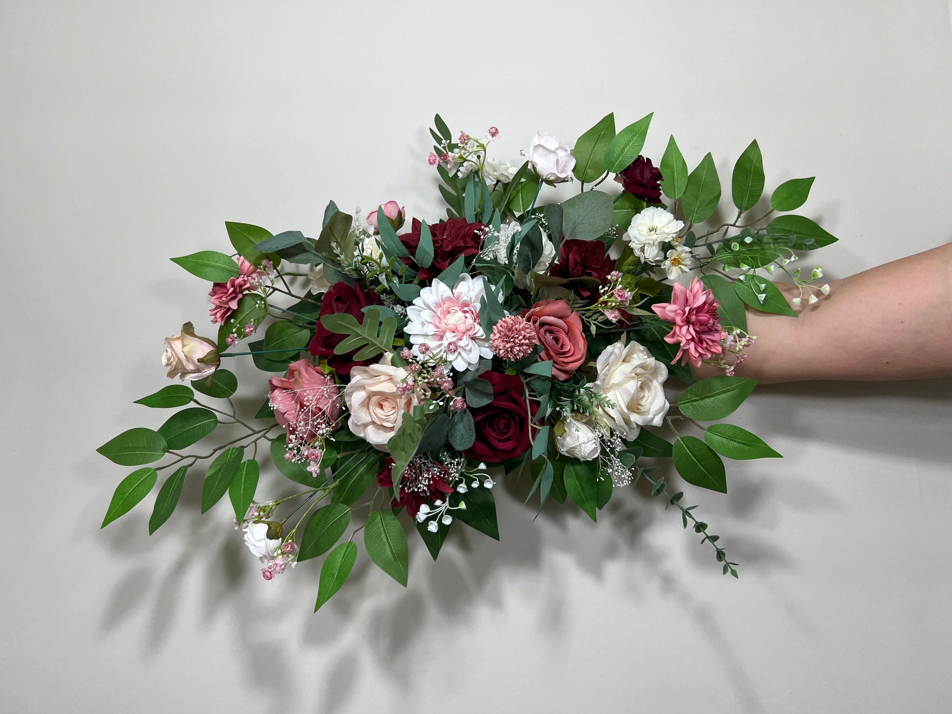 Wedding Arch Arrangement Burgundy Ivory Dusty Rose Arch Aisle Arrangement Decor Burgundy Artificial Flowers Eucalyptus Baby Breath