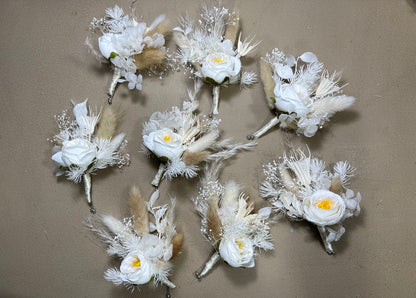 Wedding Boutonnière Boho White Wedding Ivory Groom Boutonniere Groomsmen Decor Bridal Hydrangea Dried Eucalyptus Baby Breath Pampas Grass
