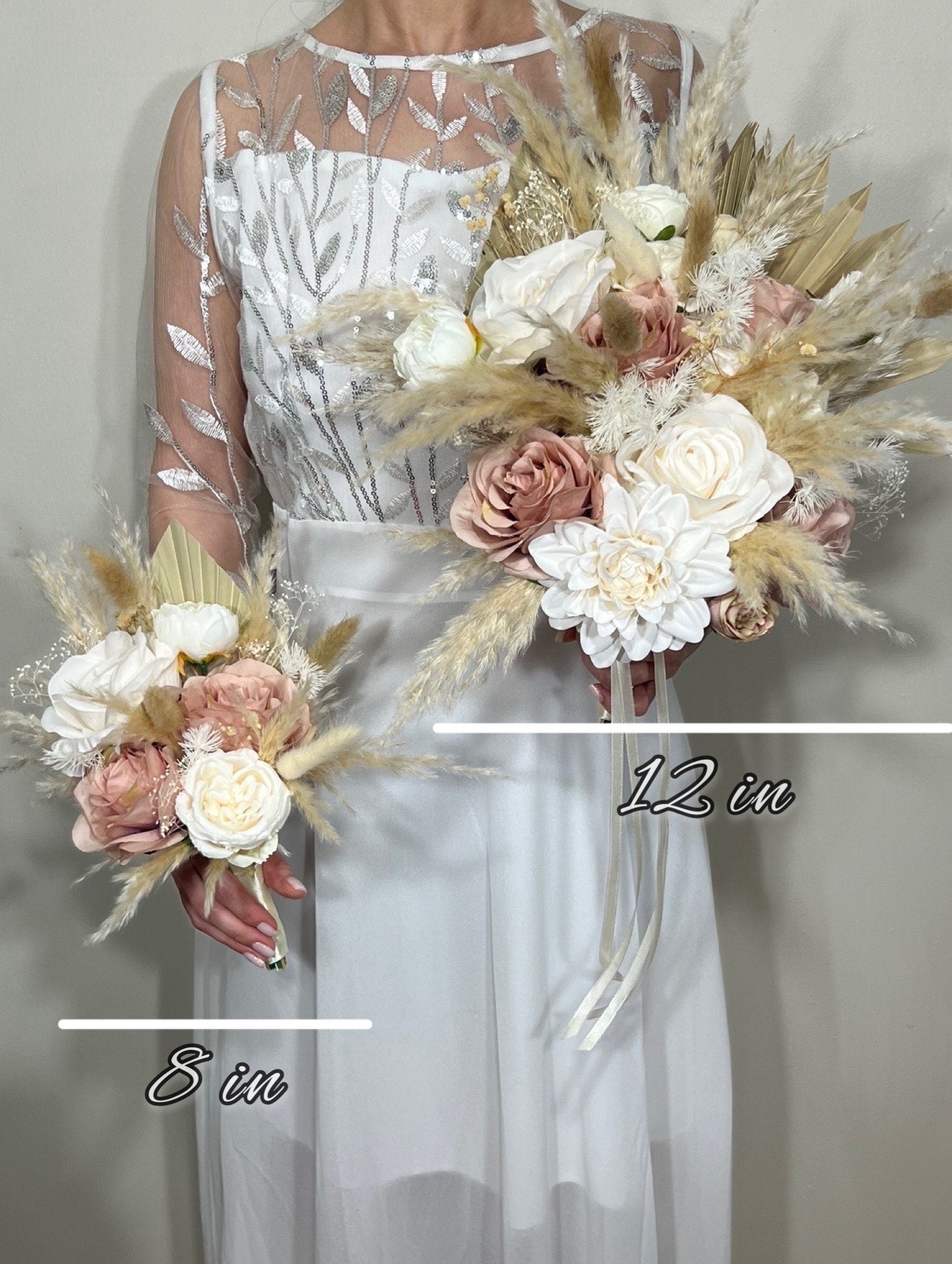 Wedding Dusty Rose Bouquet Boho Bridal White Dusty Rose Bouquet Pampas Grass Bridesmaids Bouquet Pink Palms Leaves Ivory Artificial Flower