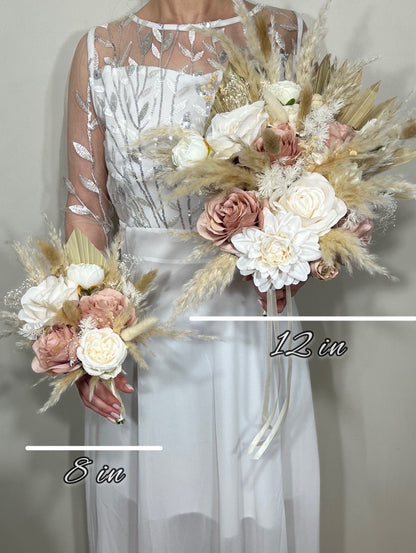 Wedding Dusty Rose Bouquet Boho Bridal White Dusty Rose Bouquet Pampas Grass Bridesmaids Bouquet Pink Palms Leaves Ivory Artificial Flower
