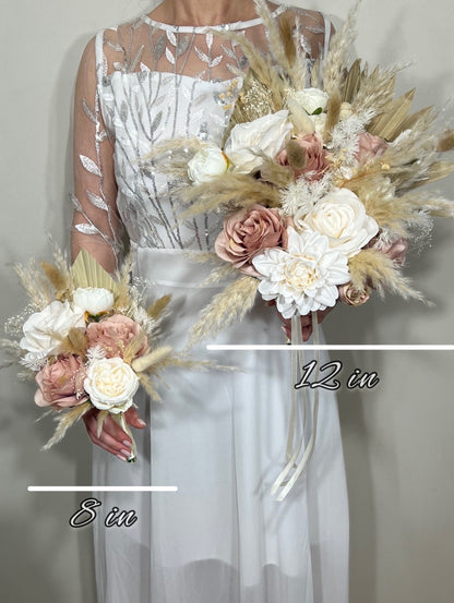 Wedding Dusty Rose Bouquet Boho Bridal White Dusty Rose Bouquet Pampas Grass Bridesmaids Bouquet Pink Palms Leaves Ivory Artificial Flower