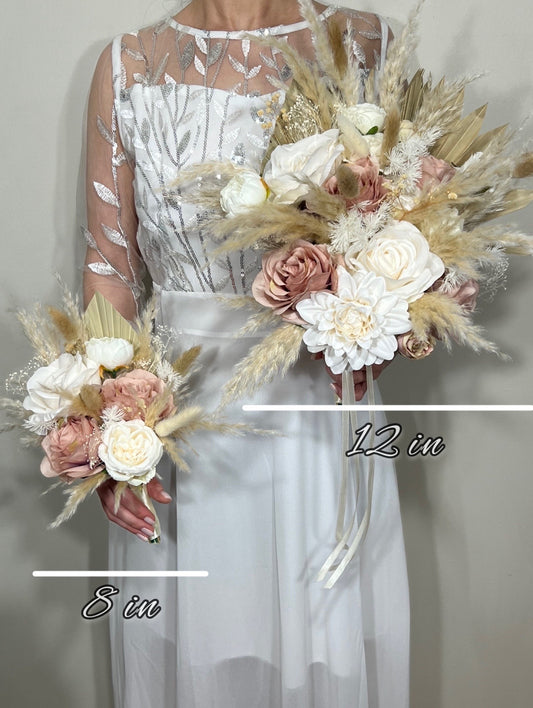 Wedding Dusty Rose Bouquet Boho Bridal White Dusty Rose Bouquet Pampas Grass Bridesmaids Bouquet Pink Palms Leaves Ivory Artificial Flower