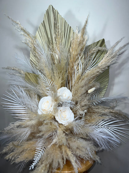 Wedding Aisle Marker Flower Floor Arrangement Whiskey Barrel Décor White Boho Pampas Grass Standing Arch Palm Leaves