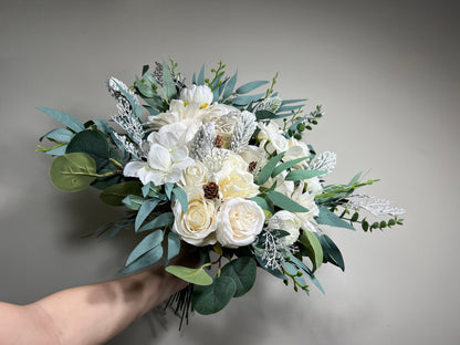 Wedding Bouquet White Winter Christmas Bridal Ivory Rustic Bridesmaids Decor Winter White Christmas Tree Snow Pine Cone Artificial Flower