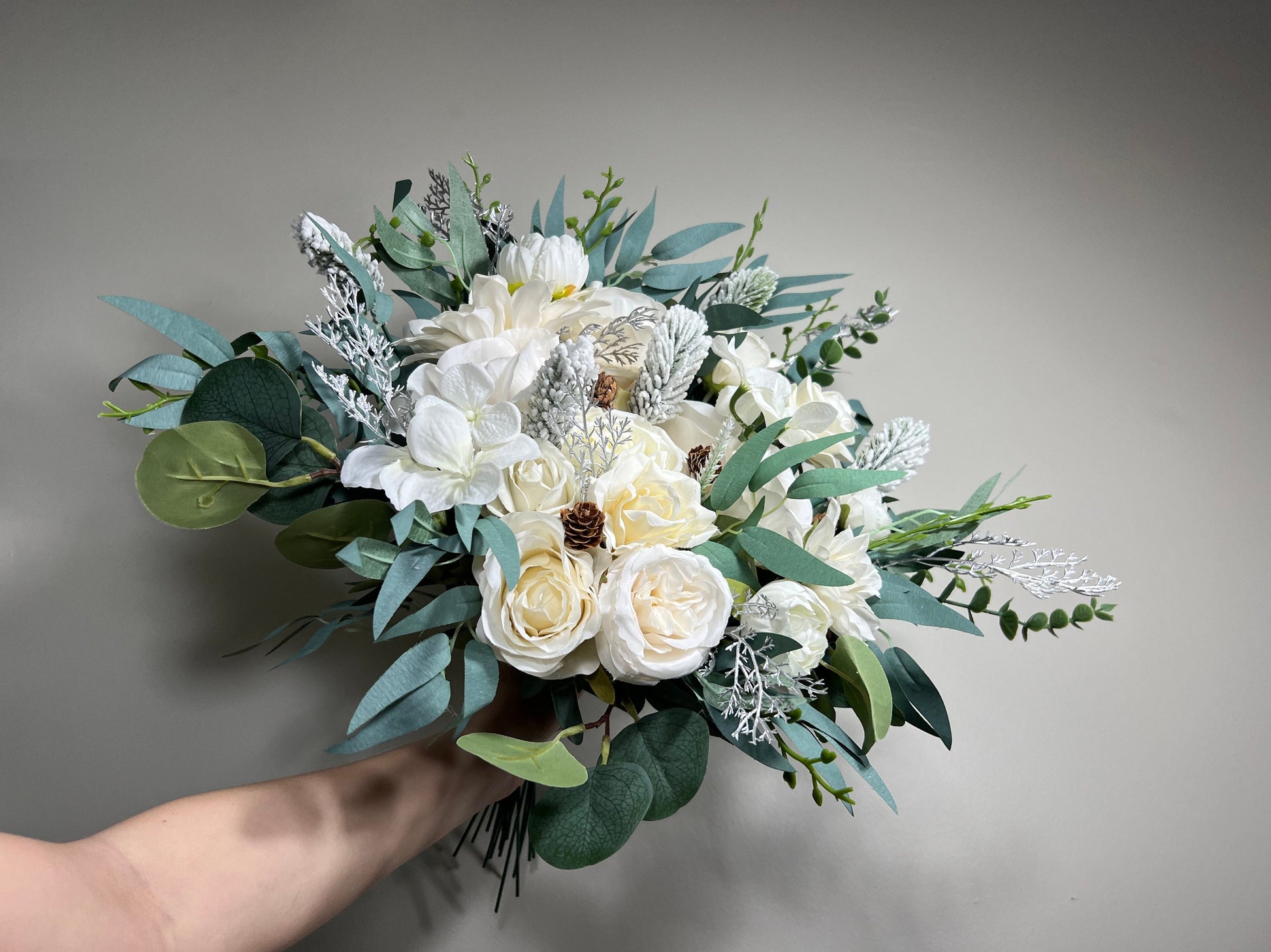 Wedding Bouquet White Winter Christmas Bridal Ivory Rustic Bridesmaids Decor Winter White Christmas Tree Snow Pine Cone Artificial Flower