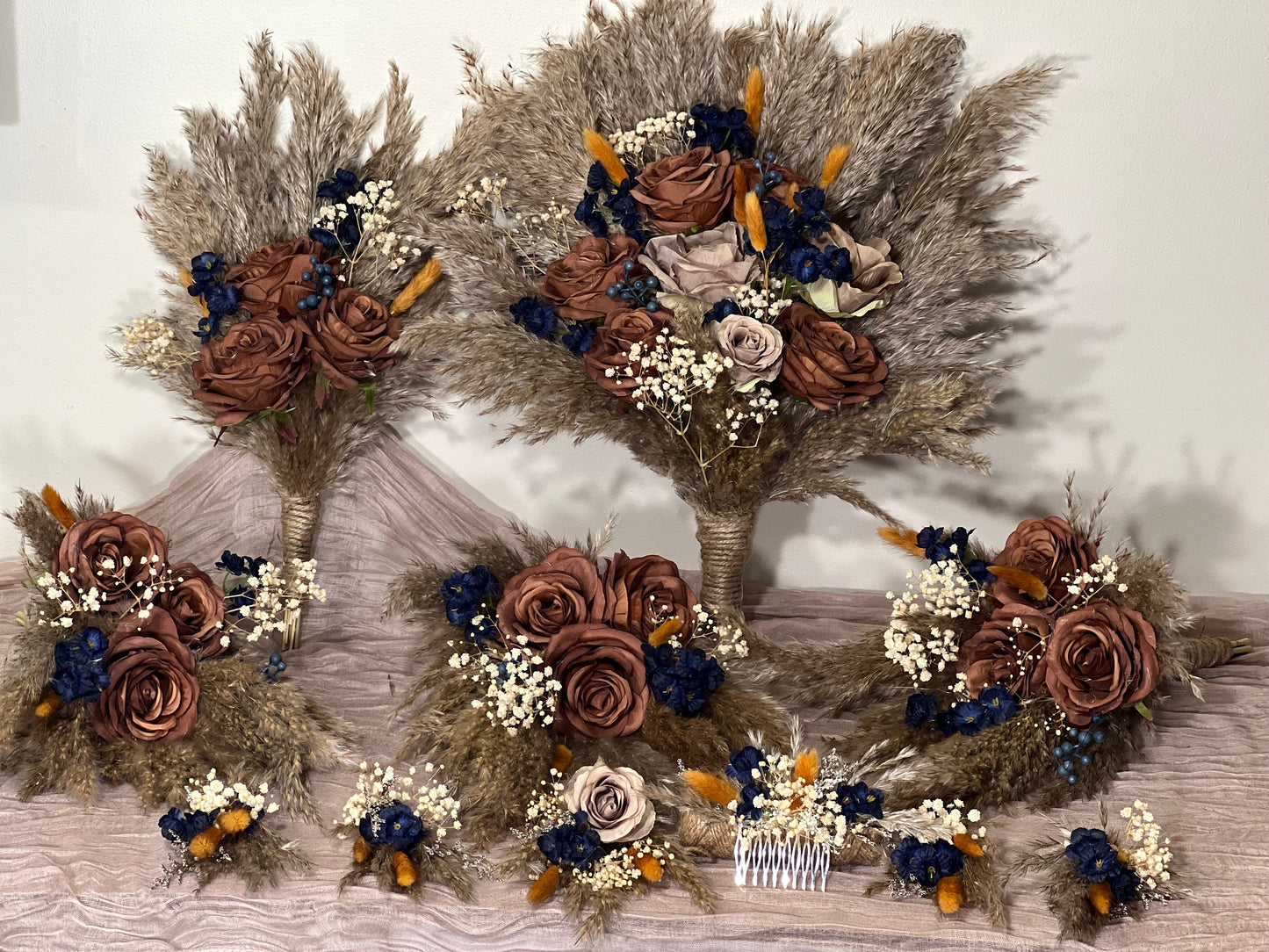 Brown Bouquet Wedding Bridal Terracotta Navy Blue Rust Boho Cinnamon Bouquet Coffee Brown Blue Baby Breath Artificial Flower Pampas Grass