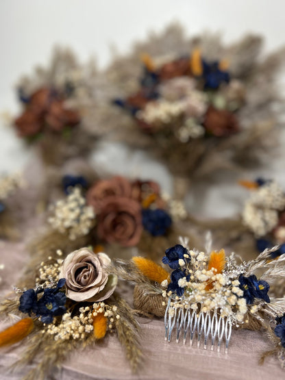 Brown Bouquet Wedding Bridal Terracotta Navy Blue Rust Boho Cinnamon Bouquet Coffee Brown Blue Taupe Artificial Flower Pampas Grass