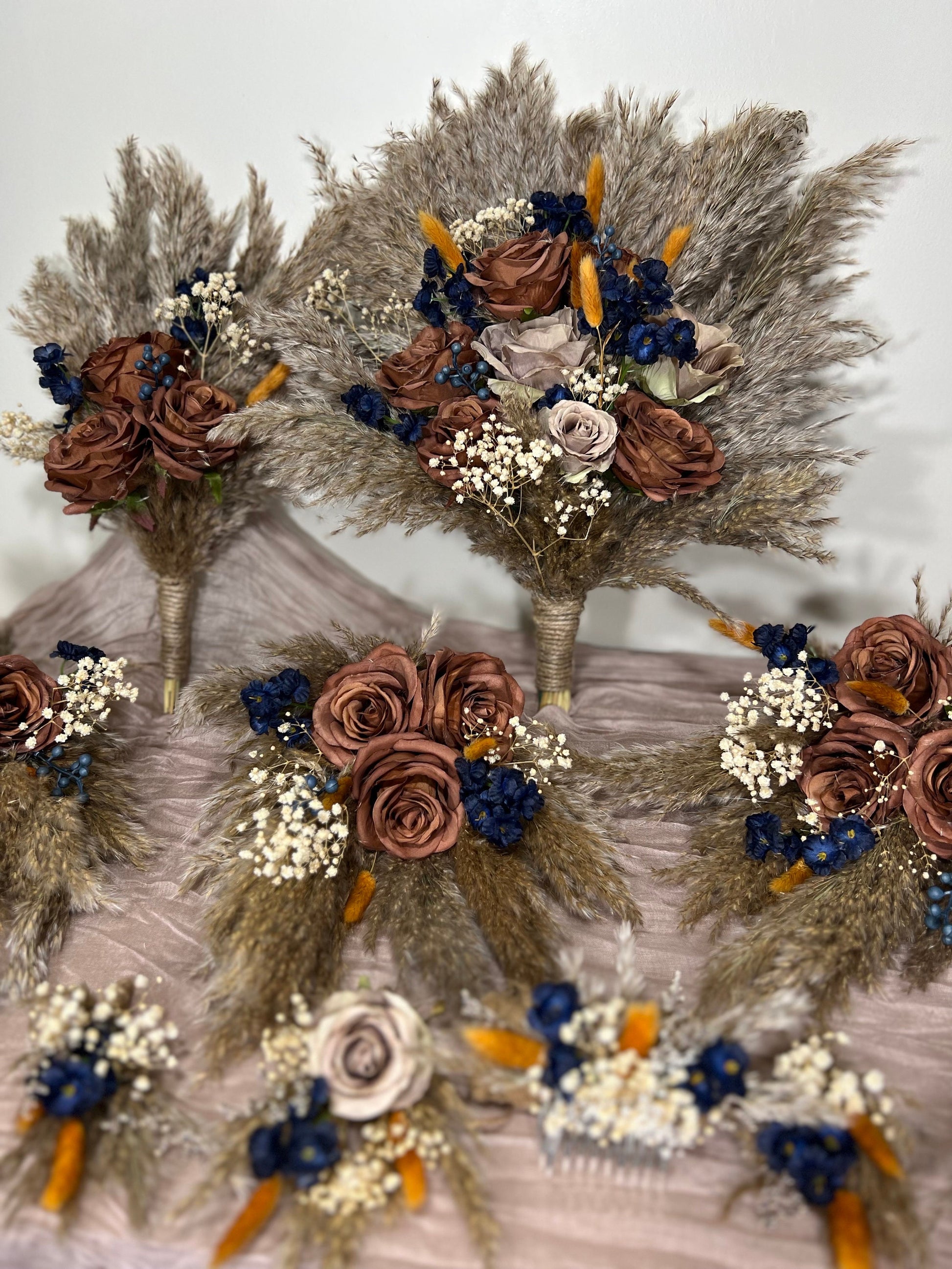 Brown Bouquet Wedding Bridal Terracotta Navy Blue Rust Boho Cinnamon Bouquet Coffee Brown Blue Taupe Artificial Flower Pampas Grass