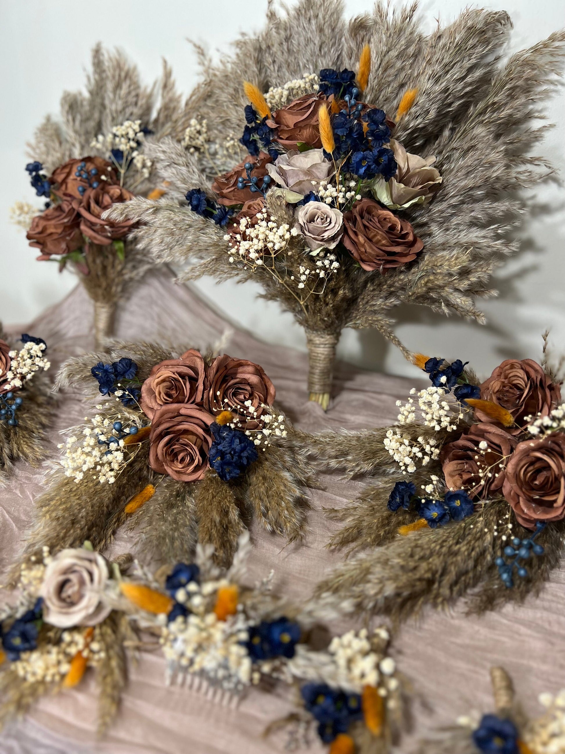 Brown Bouquet Wedding Bridal Terracotta Navy Blue Rust Boho Cinnamon Bouquet Coffee Brown Blue Taupe Artificial Flower Pampas Grass