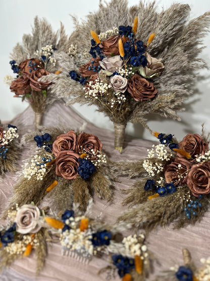 Brown Bouquet Wedding Bridal Terracotta Navy Blue Rust Boho Cinnamon Bouquet Coffee Brown Blue Taupe Artificial Flower Pampas Grass