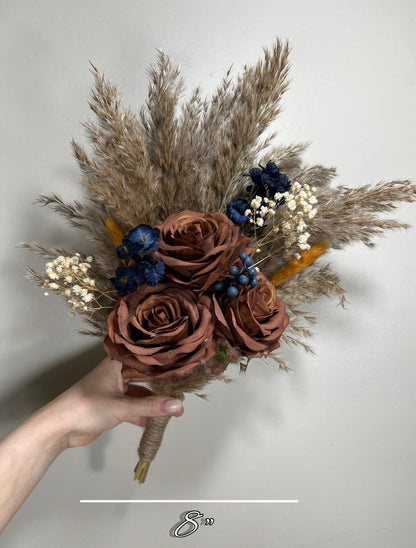 Brown Bouquet Wedding Bridal Terracotta Navy Blue Rust Boho Cinnamon Bouquet Coffee Brown Blue Baby Breath Artificial Flower Pampas Grass