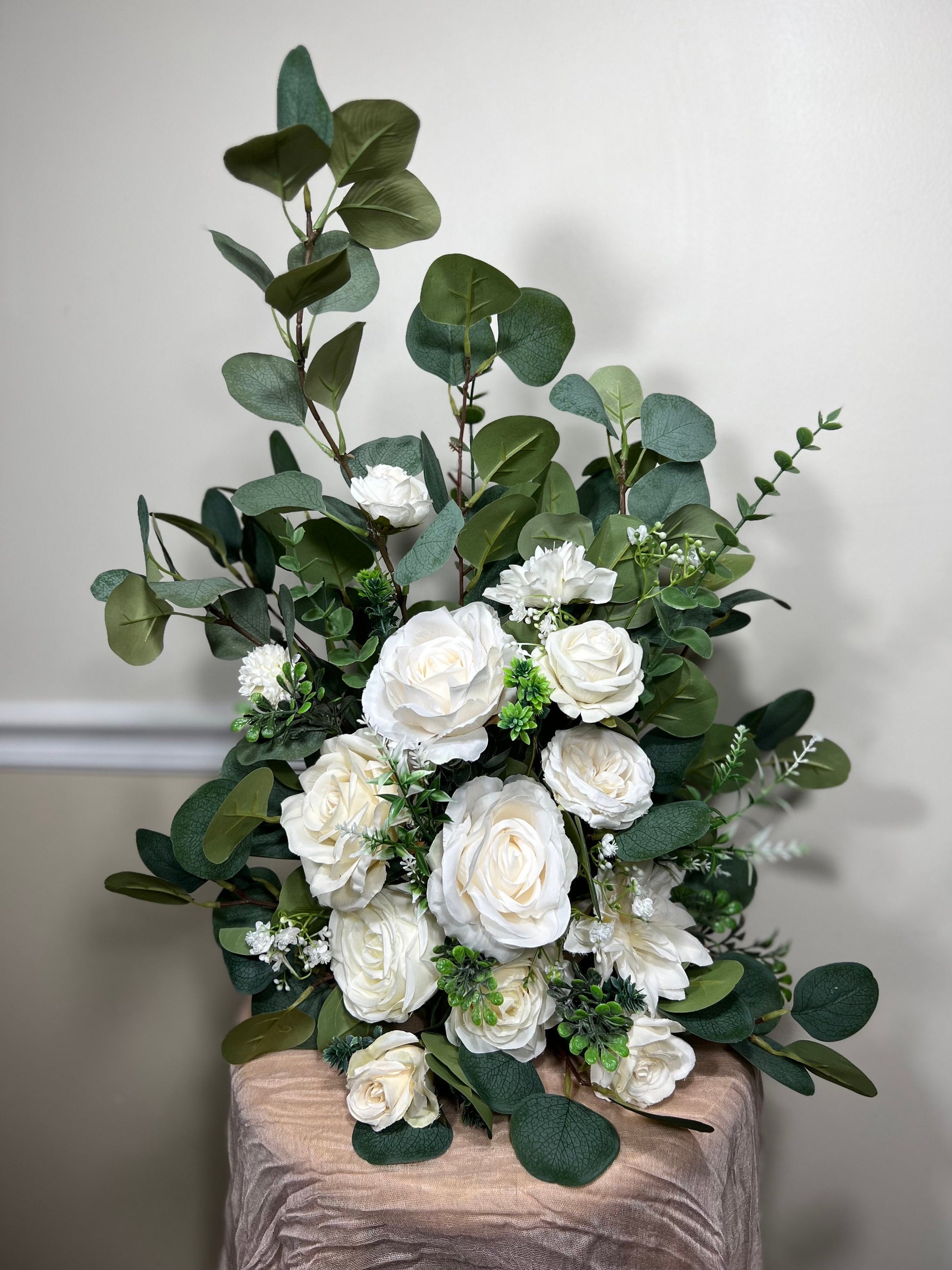 Wedding Aisle Marker Flower Floor Arrangement Whiskey Barrel Décor Dusty Rose Ground Arch Ivory Eucalyptus Artificial Flower