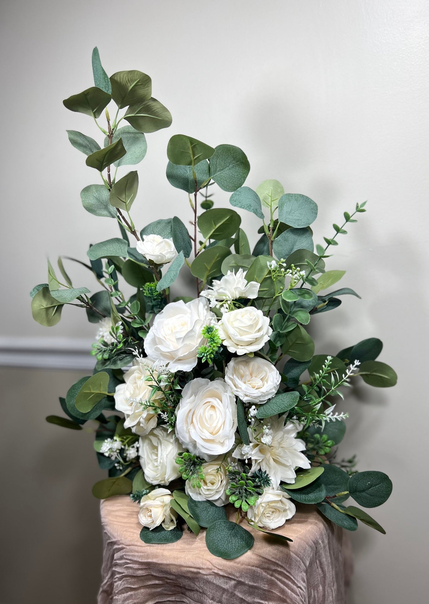 Wedding Aisle Marker Flower Floor Arrangement Whiskey Barrel Décor Dusty Rose Ground Arch Ivory Eucalyptus Artificial Flower