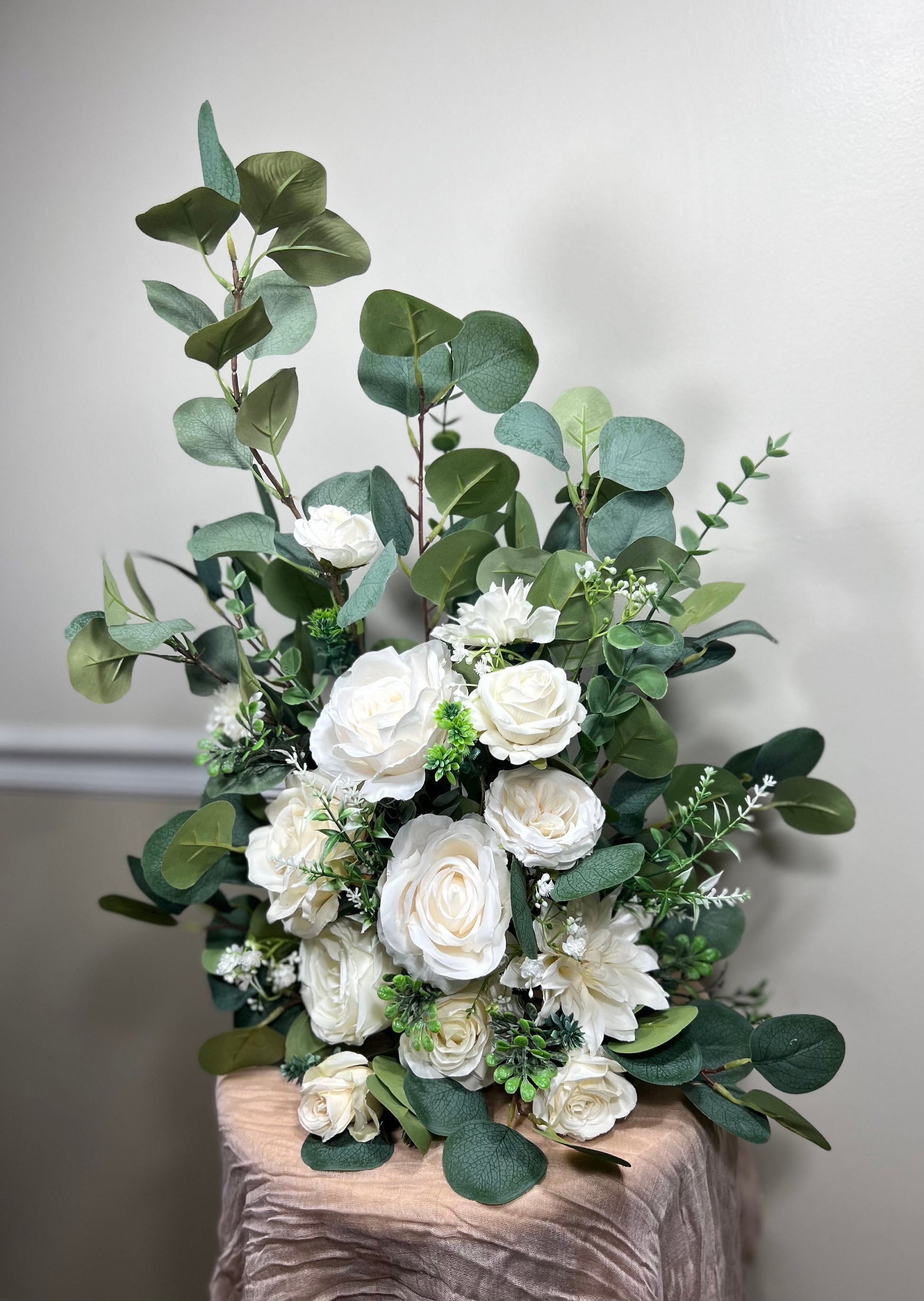 Wedding Aisle Marker Flower Floor Arrangement Whiskey Barrel Décor Dusty Rose Ground Arch Ivory Eucalyptus Artificial Flower