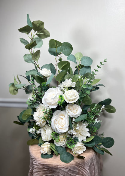 Wedding Aisle Marker Flower Floor Arrangement Whiskey Barrel Décor Dusty Rose Ground Arch Ivory Eucalyptus Artificial Flower