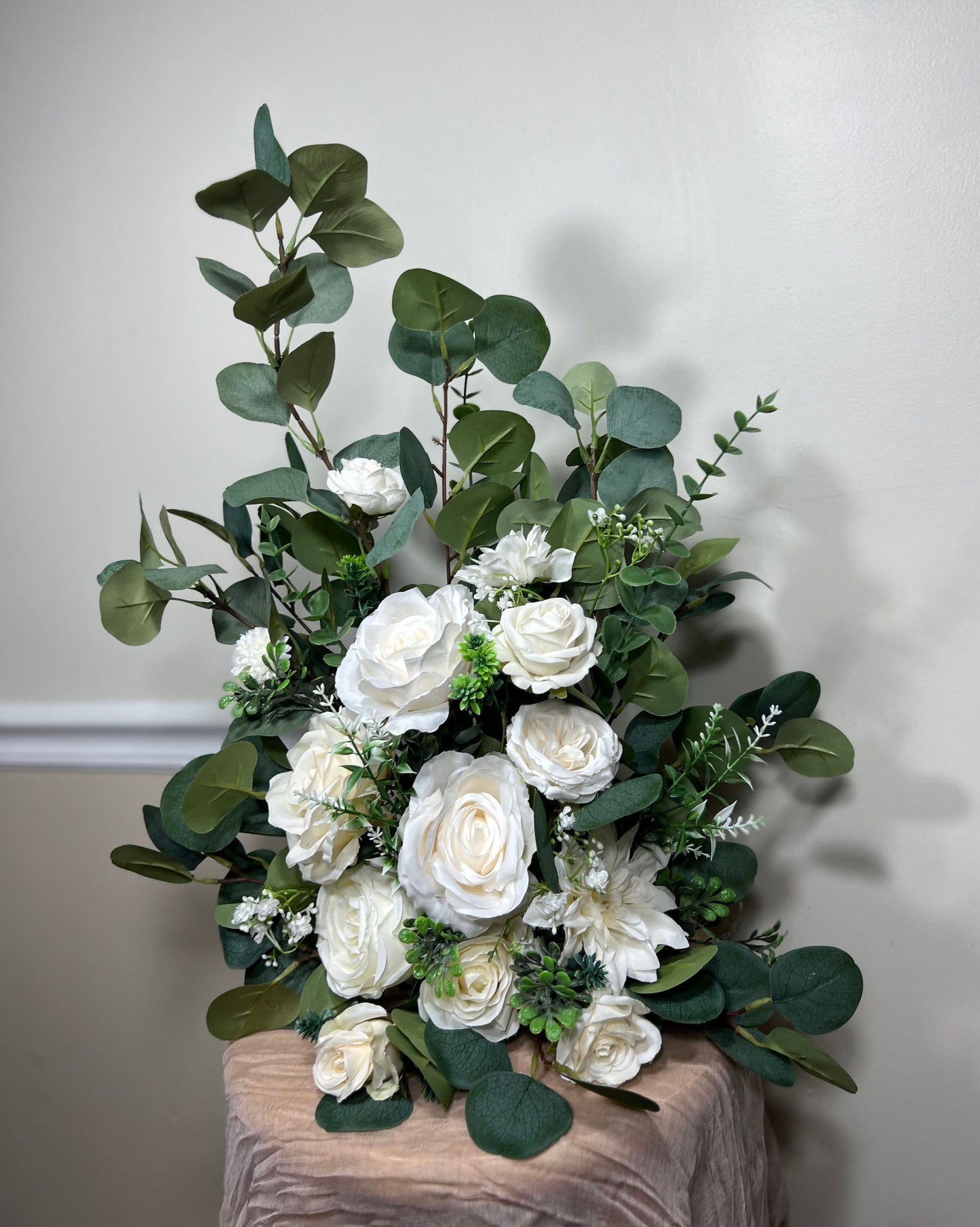 Wedding Aisle Marker Flower Floor Arrangement Whiskey Barrel Décor Dusty Rose Ground Arch Ivory Eucalyptus Artificial Flower