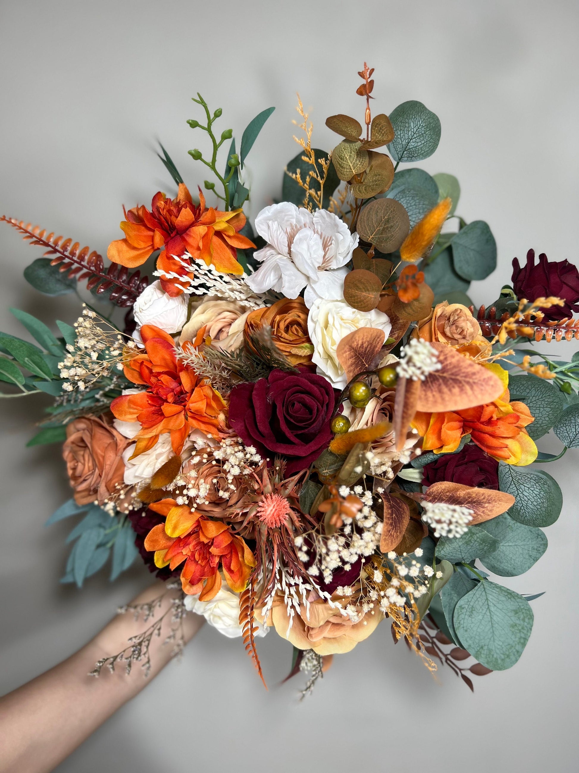 Wedding Bouquet Terracotta Rust Burnt Orange Bouquet Boho Rose Dahlia Flower Fall Burgundy Eucalyptus Baby Breath Terracotta Peony Banny Tai