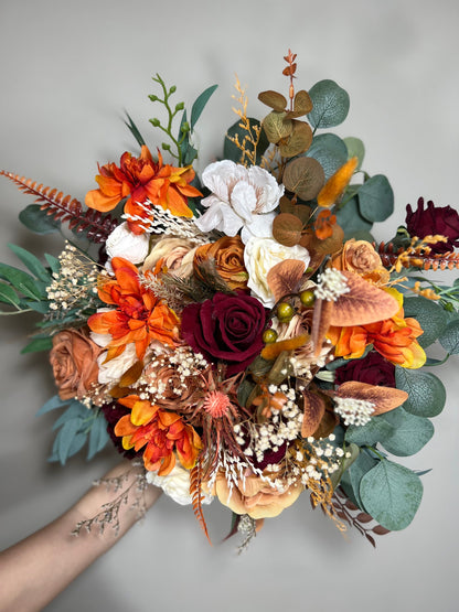 Wedding Bouquet Terracotta Rust Burnt Orange Bouquet Boho Rose Dahlia Flower Fall Burgundy Eucalyptus Baby Breath Terracotta Peony Banny Tai
