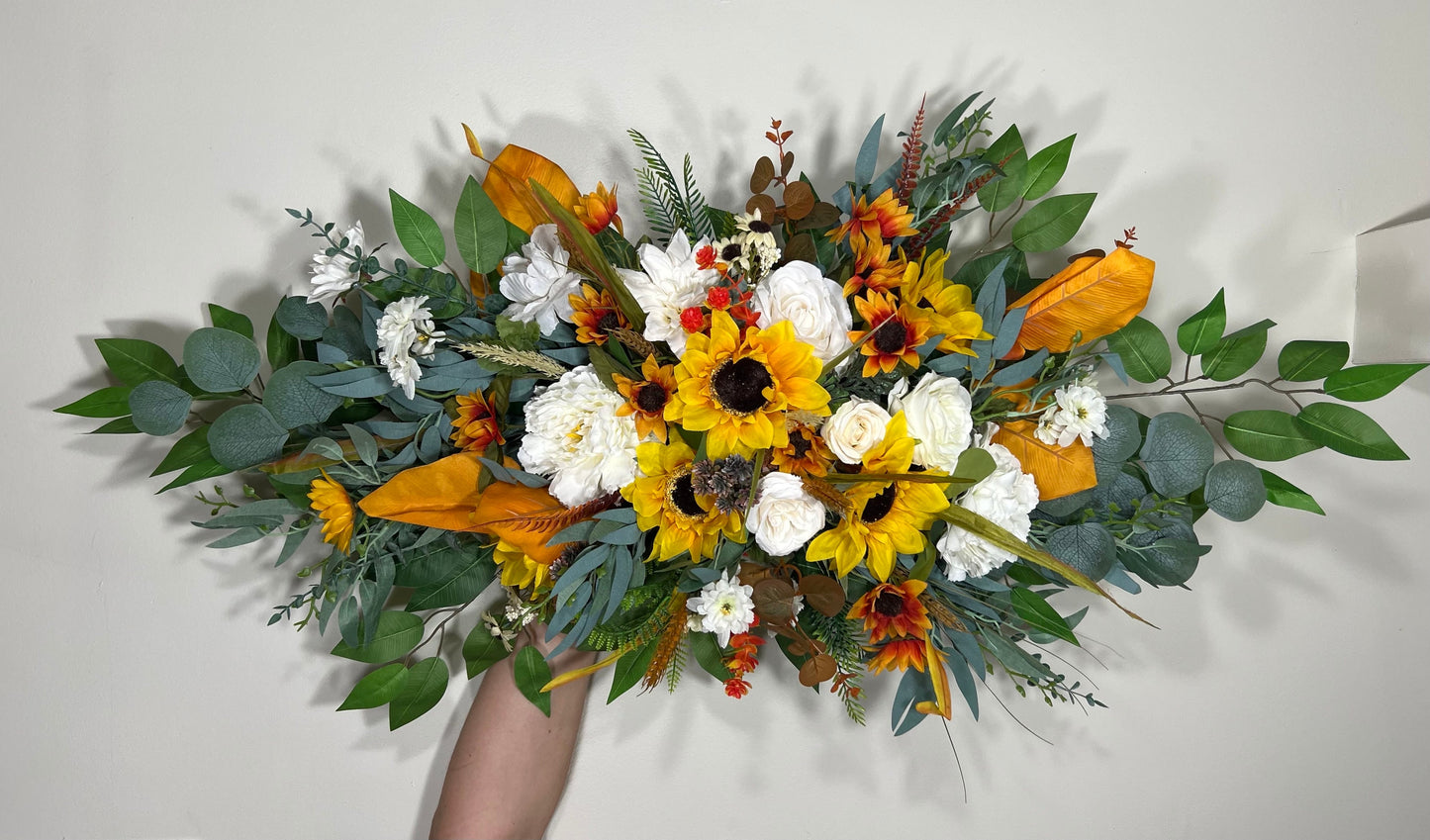 Wedding Arch Arrangement Sunflower Terracotta Boho White Burnt Orange Sunflower Arch Aisle Arrangement Arbor Decor Wall Eucalyptus Fall
