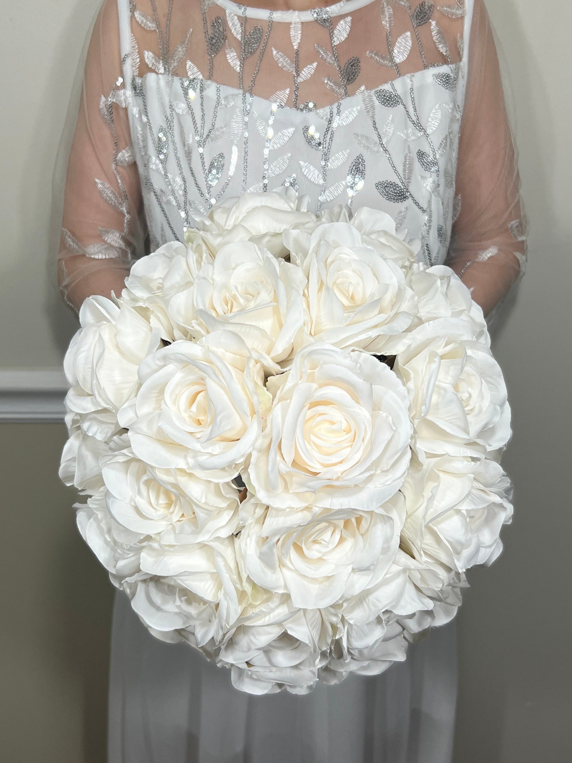 Wedding Bouquet White Bridal Wedding Ivory Classic Rose Bridesmaids Decor Handmade Artificial Faux Flower White Bouquet Rose Decoration